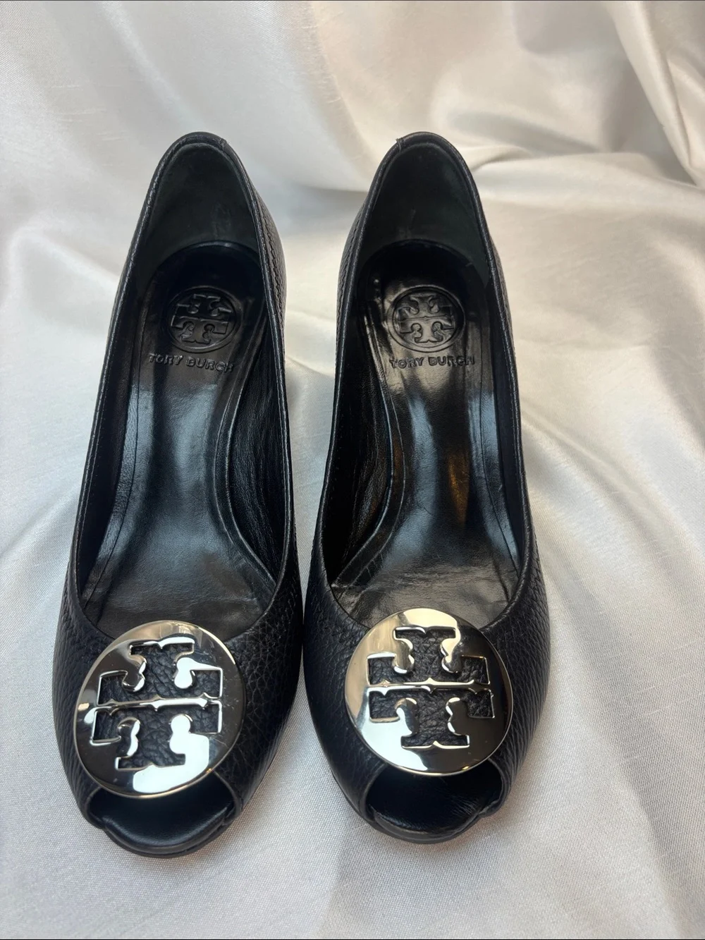 Tory Burch Black Leather Peep-Toe Wedges with Silver Logo Medallions